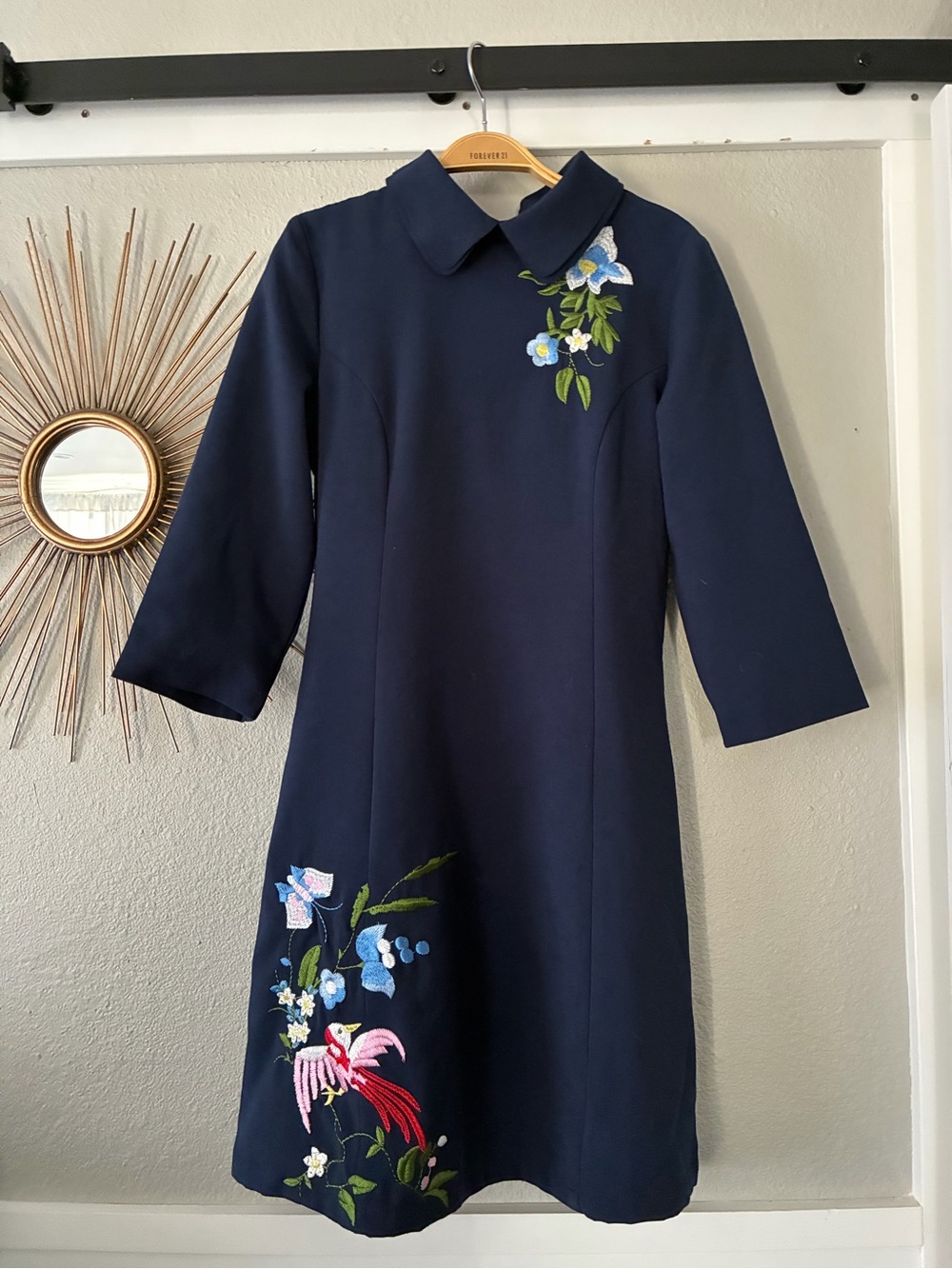 Navy Embroidered A-Line Midi Dress with Collar